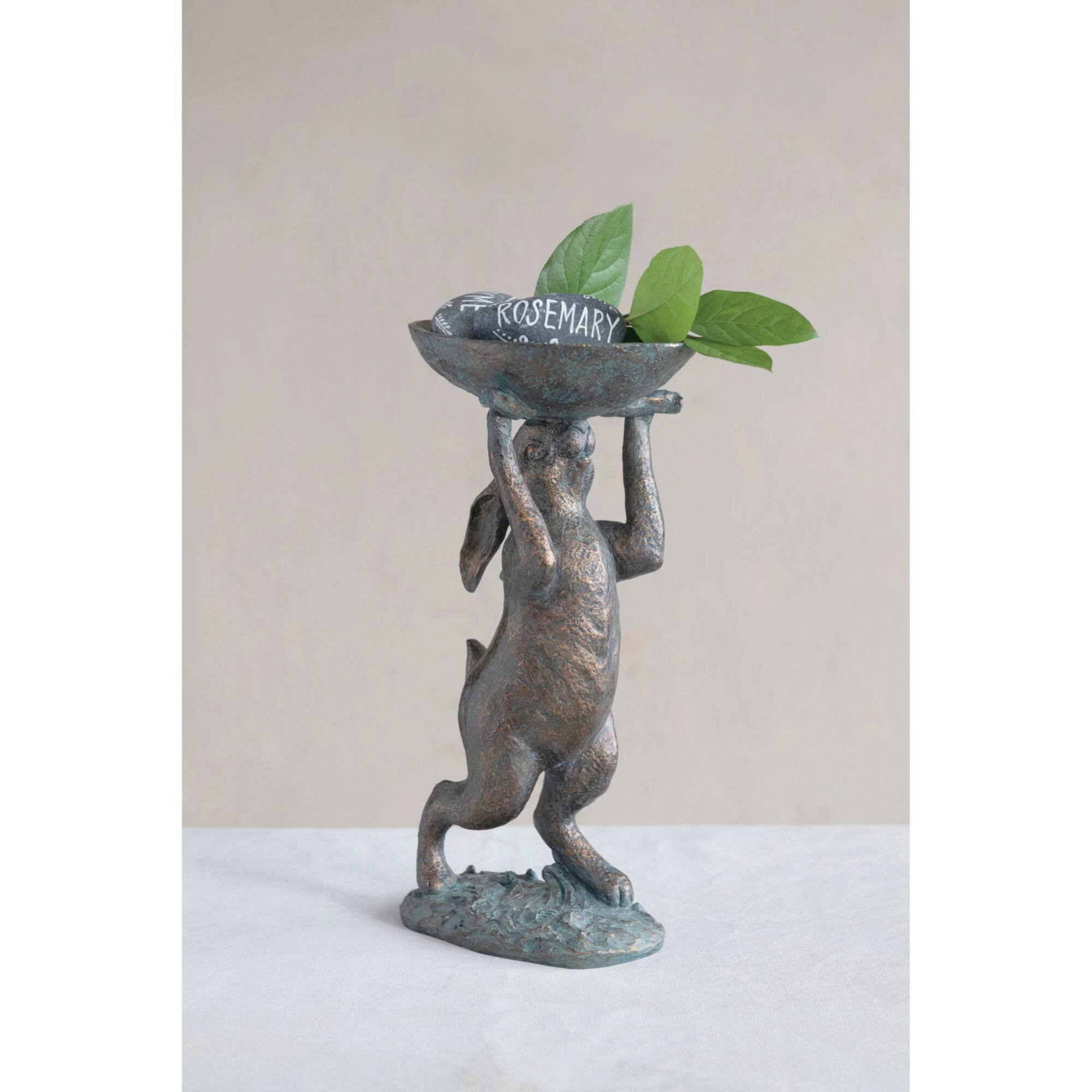 Hello Honey® 17" Green Patina Finish Rabbit Birdbath